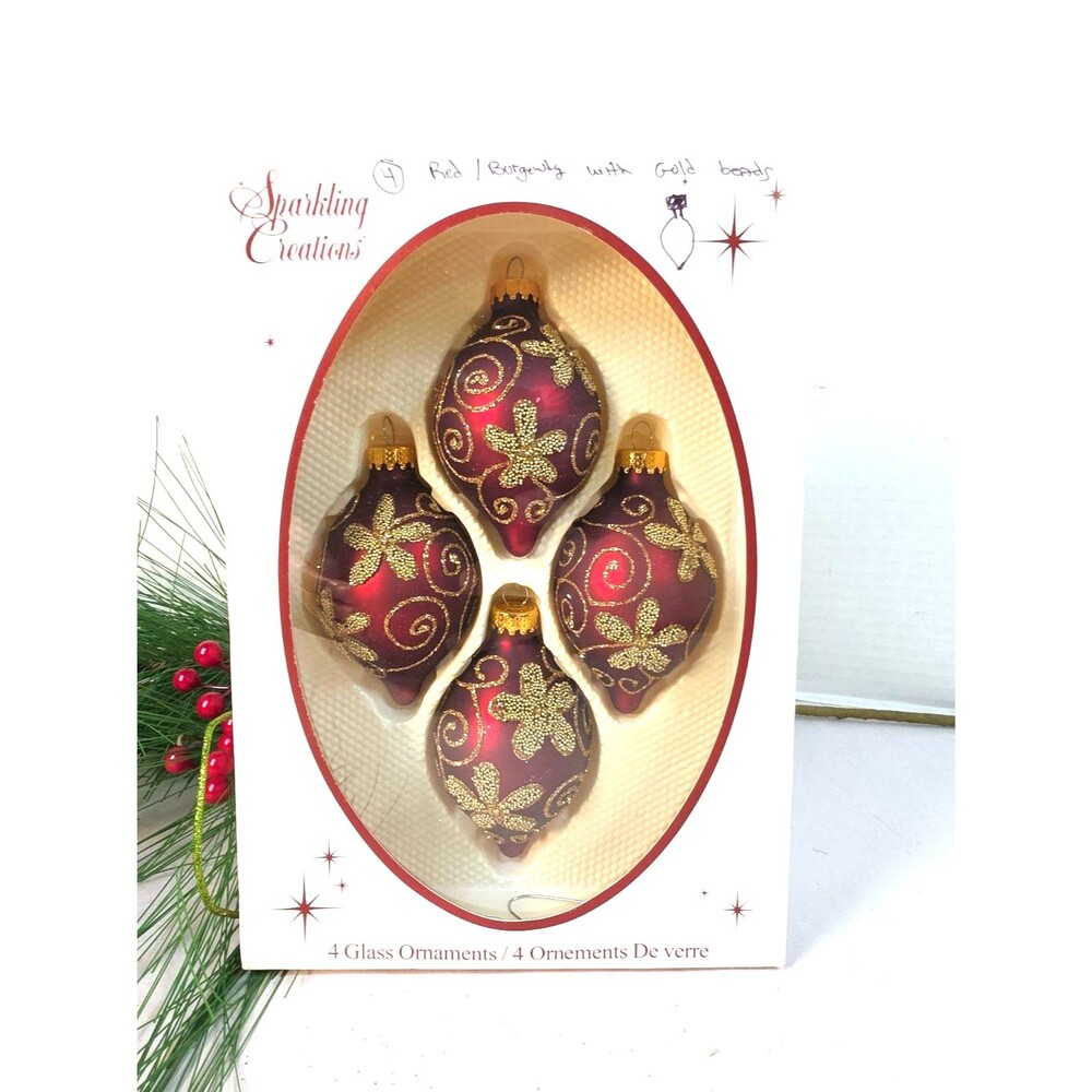 Vintage Teardrop 4 Glass Red/ Gold Beaded Christmas Ornaments